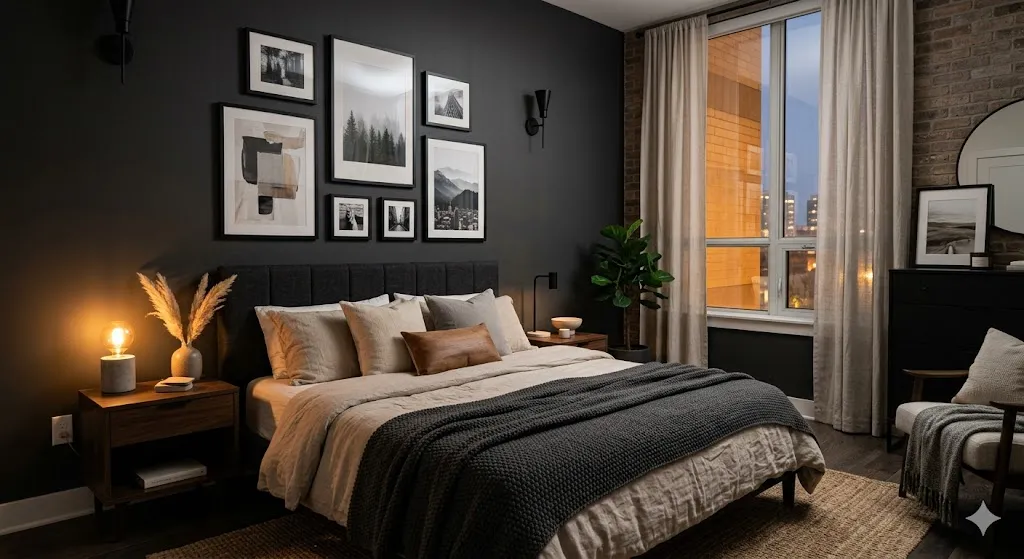 Dark Bedroom With Gallery Wall