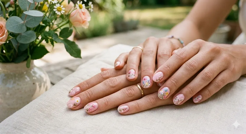 Floral Accent Short Nails