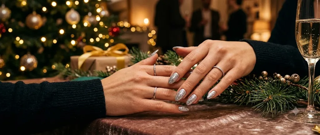 Silver Glitter Holiday Nails