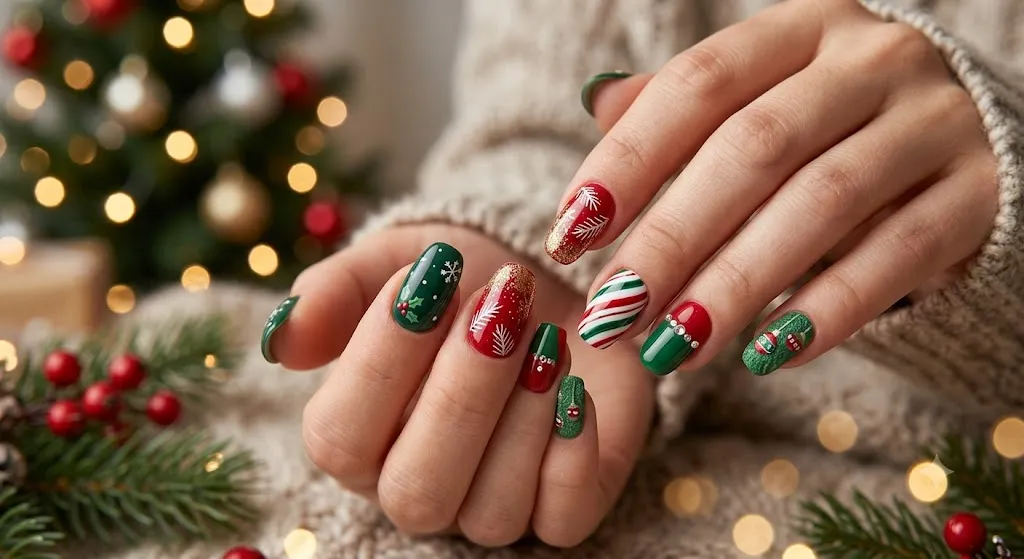 Green and Red Combo Nails