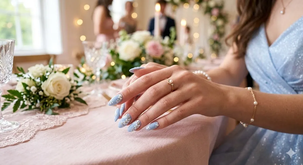 Pastel Blue with White Floral Design