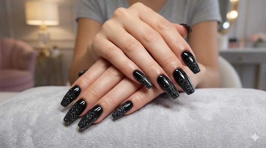 Black and Glitter Ombre Nails
