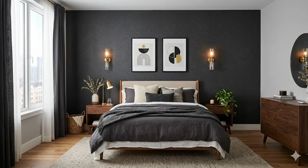 Dark Bedroom With Peel-and-Stick Wallpaper