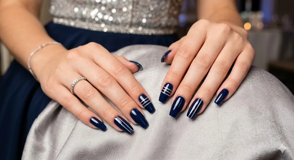 Navy Silver Stripe Nails