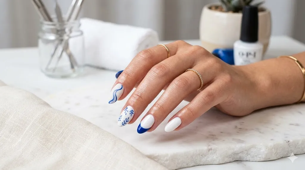 Blue and White Combo Nails