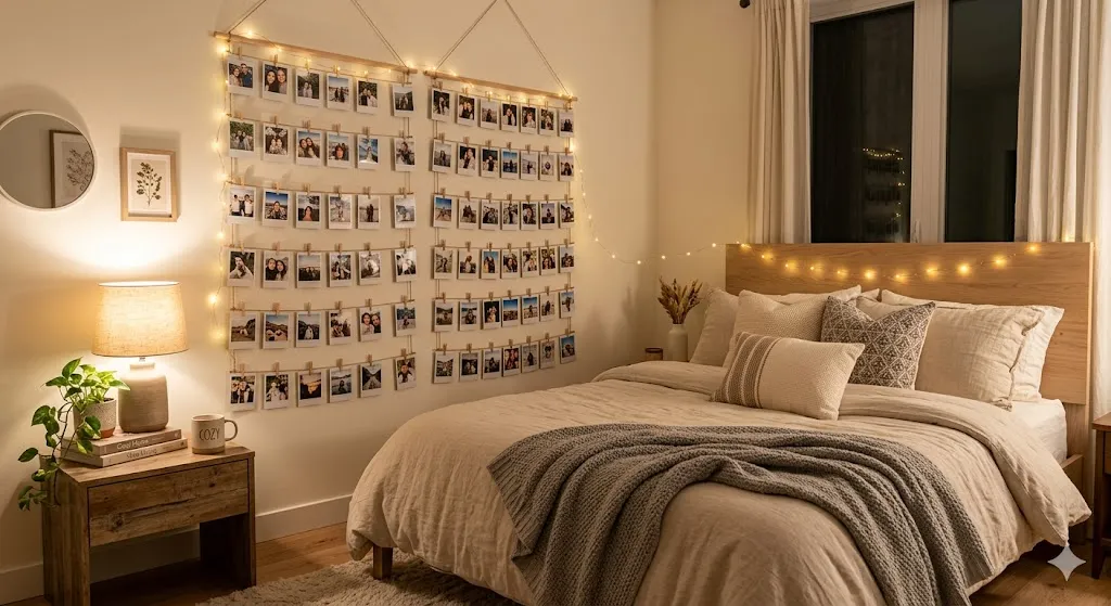 Polaroid Wall with String Lights