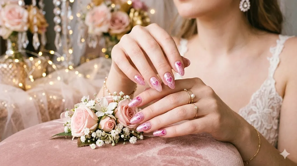 Pink Glitter Heart Nails