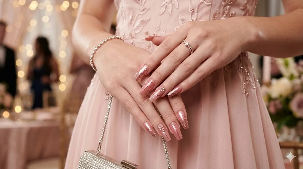Glossy Rose Coffin Nails
