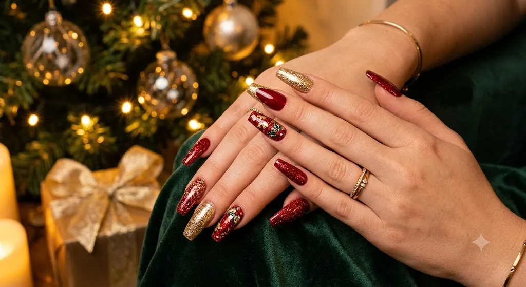 Red and Gold Glitter Nails