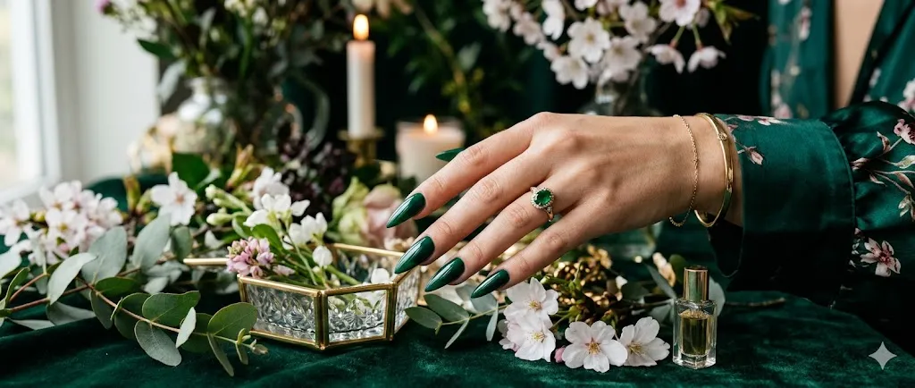 Emerald Green Glam Nails