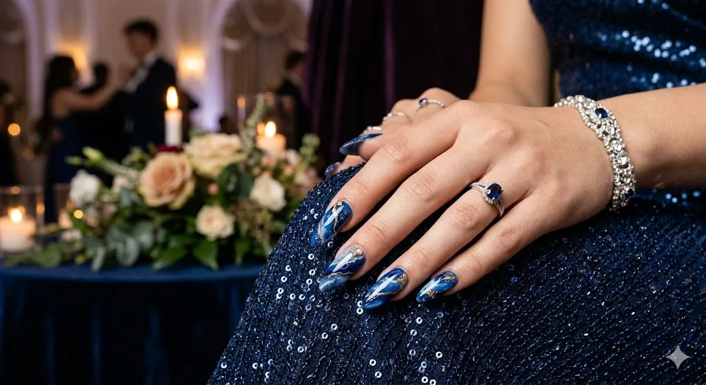 Blue Marble Almond Nails