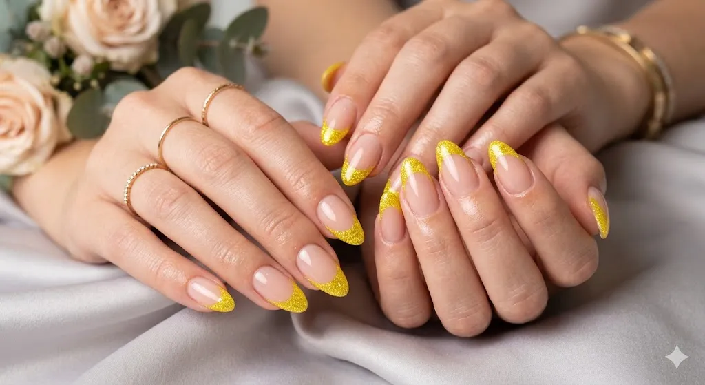 Yellow French Tip with Glitter