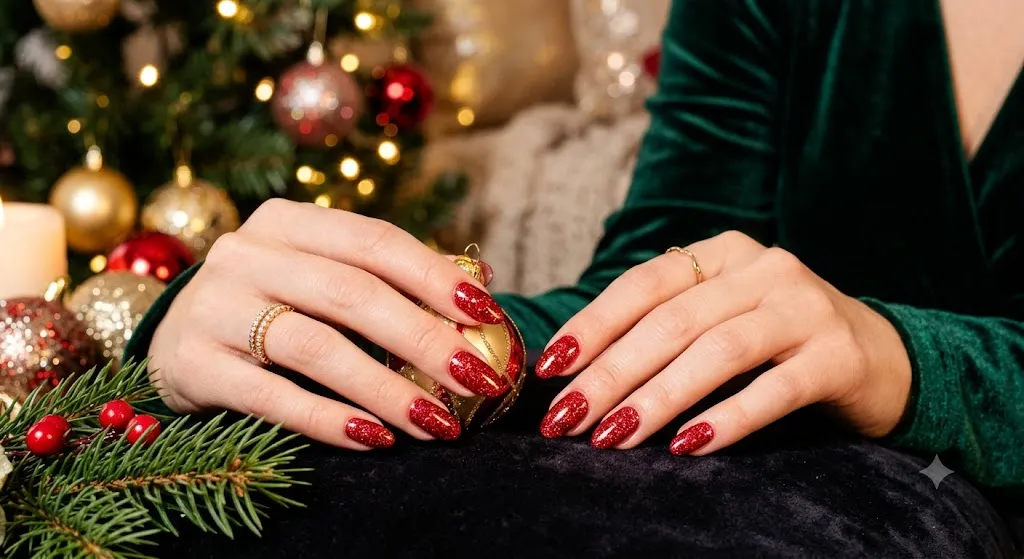 Festive Red Glitter Nails