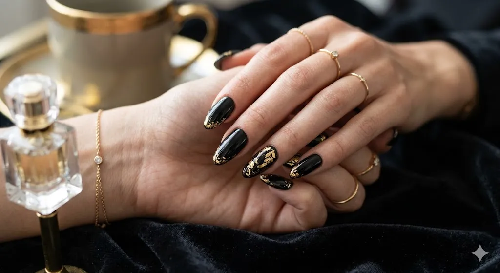 Black and Gold Acrylic Nails