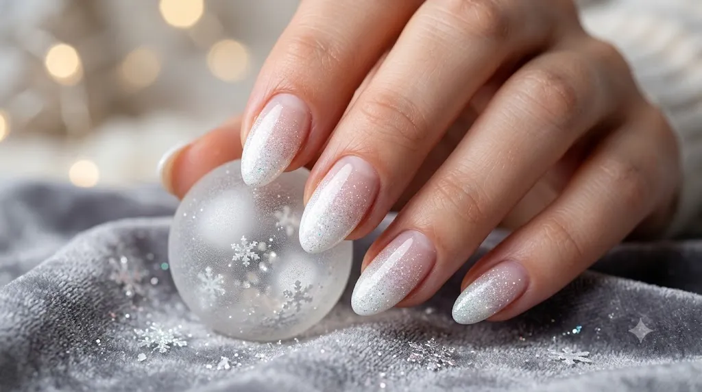 Snowy Glitter Gradient Nails