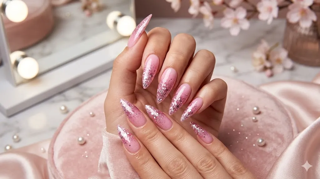 Pink Ombre Glitter Nails