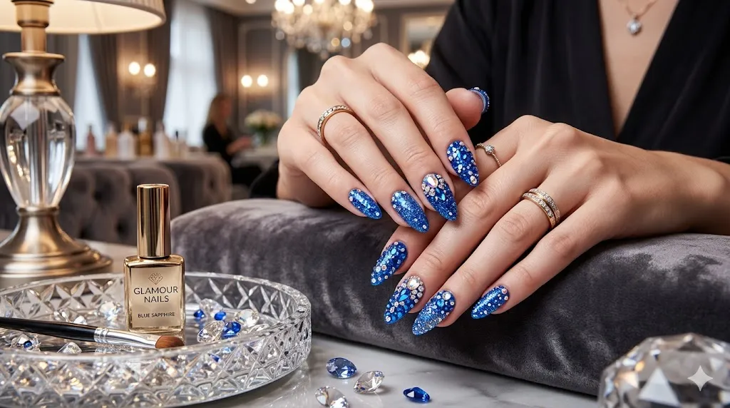 Blue Rhinestone Nails