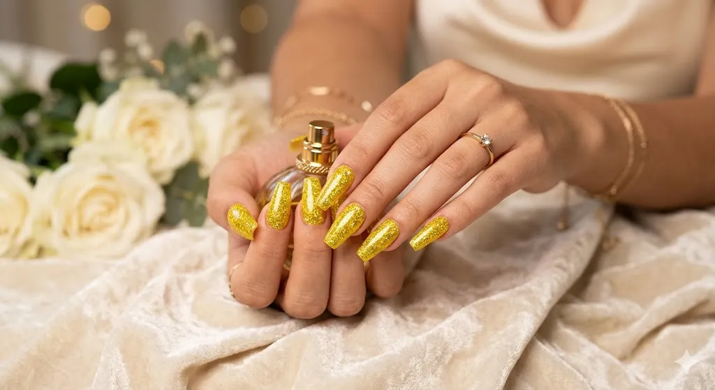 Yellow Glitter Full Nails
