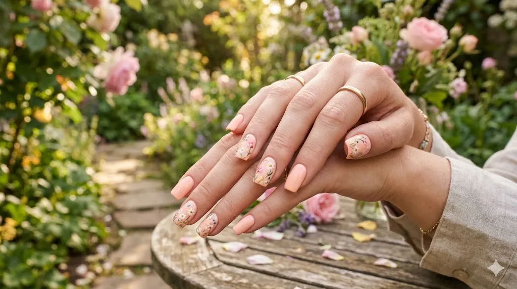 Peach Floral Square Nails
