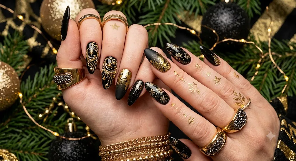 Black and Gold Holiday Nails