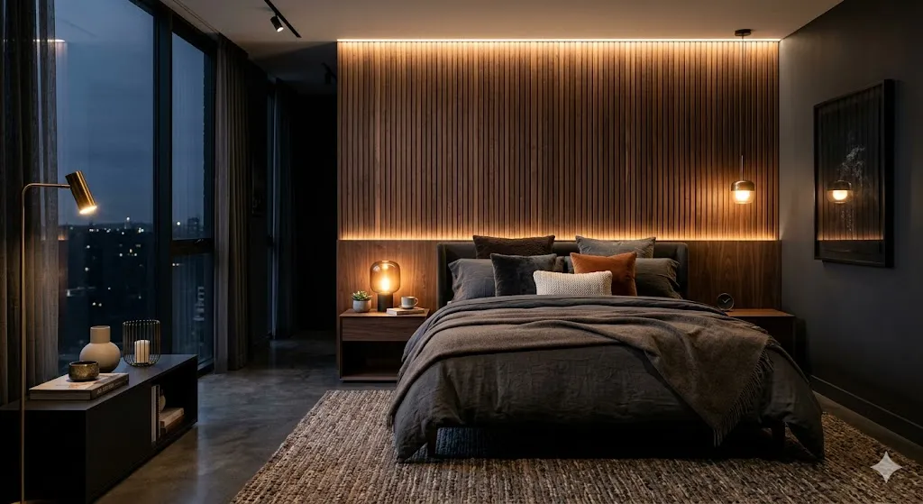 Dark Bedroom With Wooden Panels
