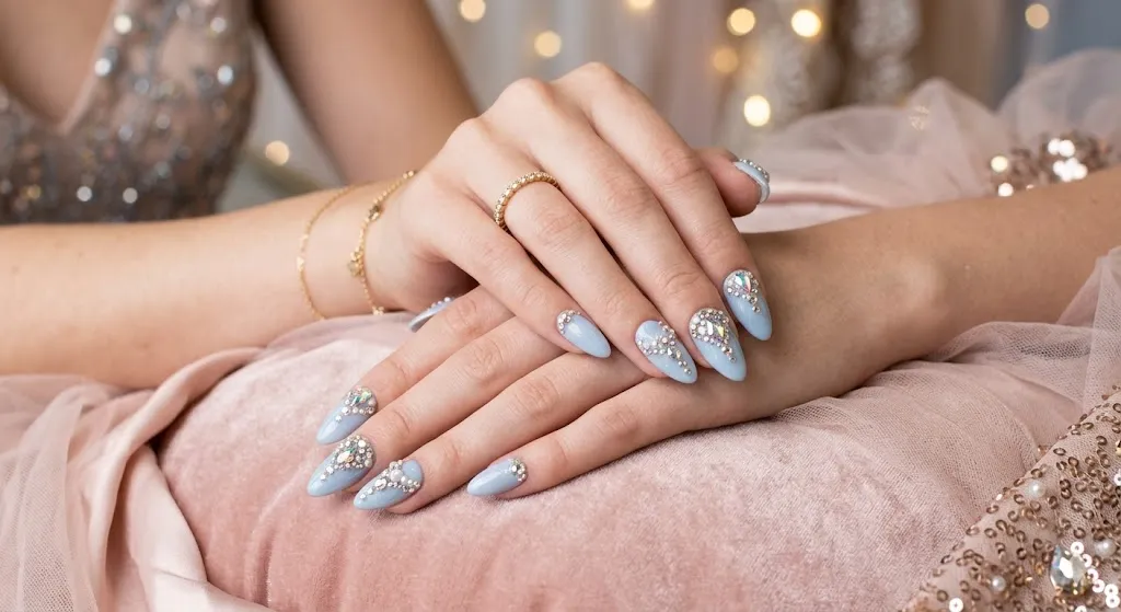Powder Blue Rhinestone Nails