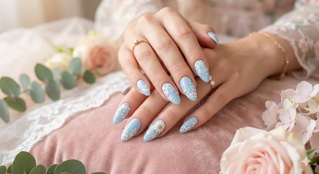 Pastel Blue with White Floral Design