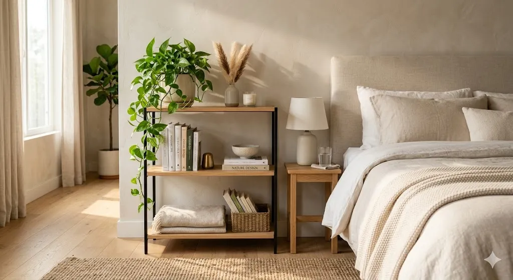 Open Mini Bookcase with Hanging Greenery