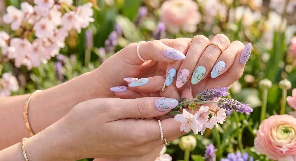 Pastel Butterfly Almond Nails