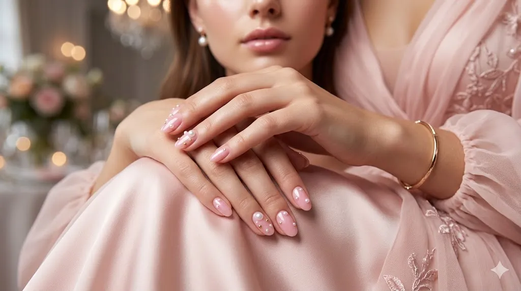 Pink Pearl Accent Nails