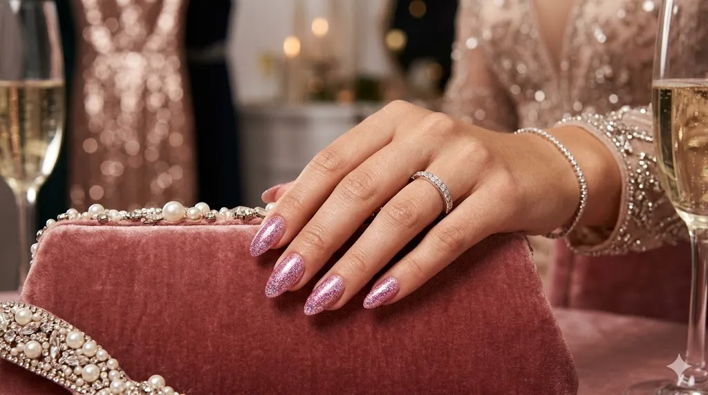Pink Glitter Almond Nails