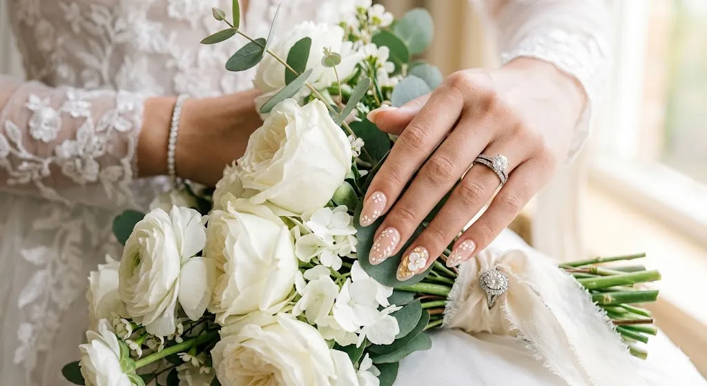 Nude Nails with White Floral Accents