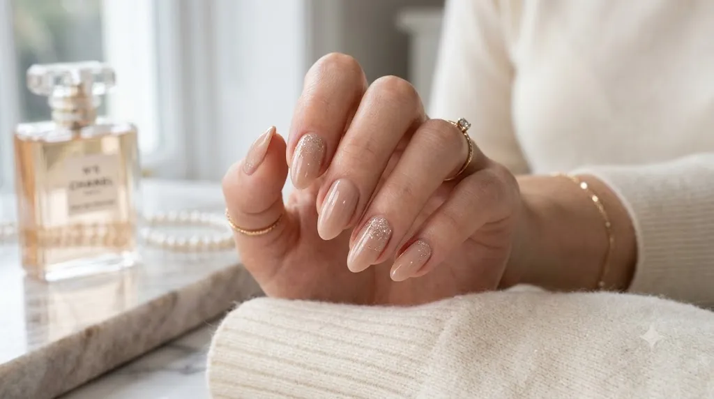 Nude Nails with Glitter Accent