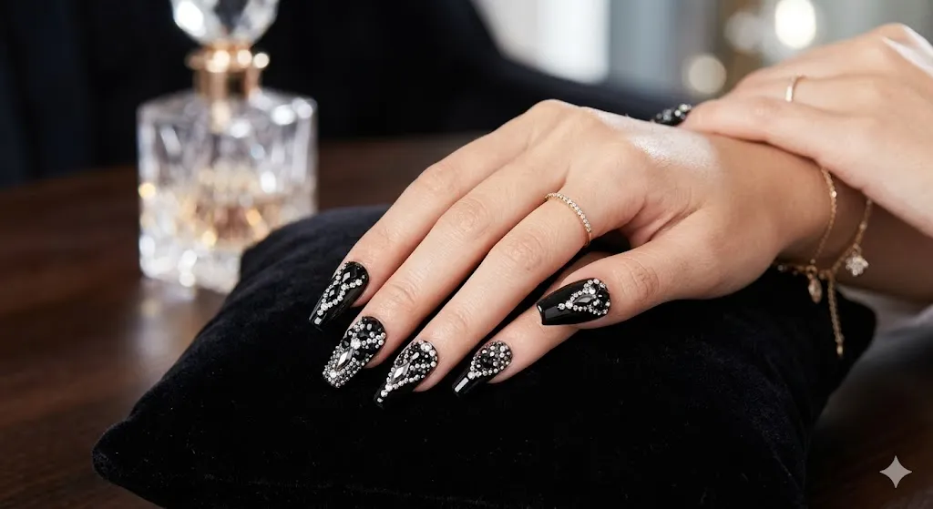 Black Rhinestone Nails