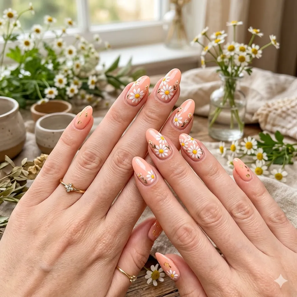 Peach and White Daisy Nails