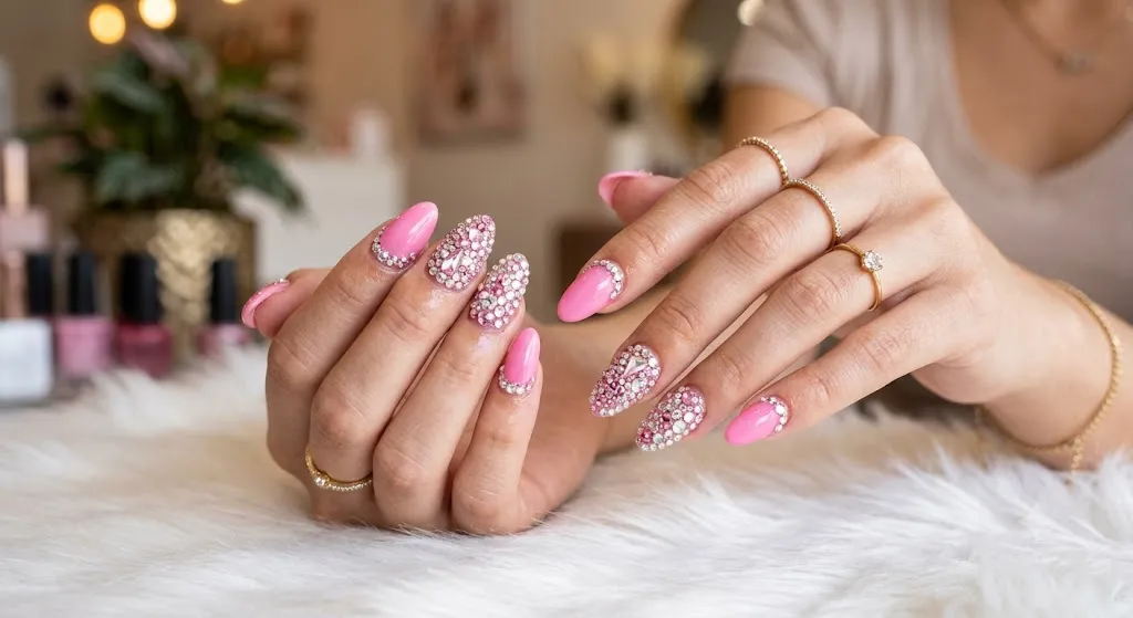 Pink Rhinestone Glam Nails