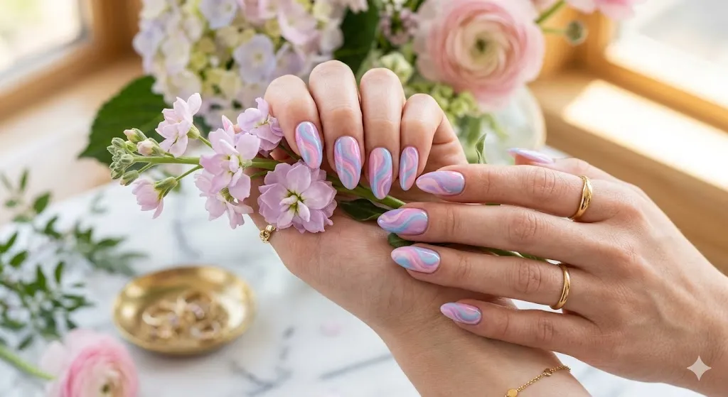 Pastel Swirl Almond Nails