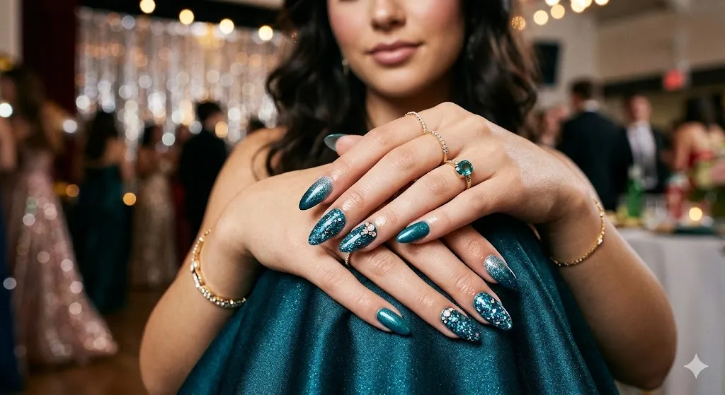 Teal Glitter Accent Nails