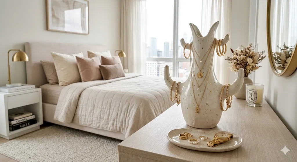 Style Jewelry on Decorative Trays and Vases