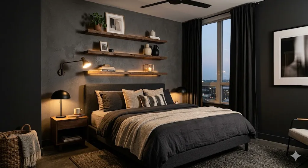 Dark Bedroom With Floating Shelves