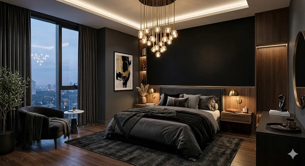 Dark Bedroom With Statement Lighting