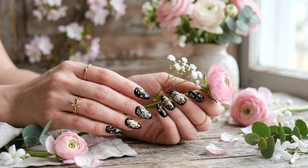 Black Floral Nails
