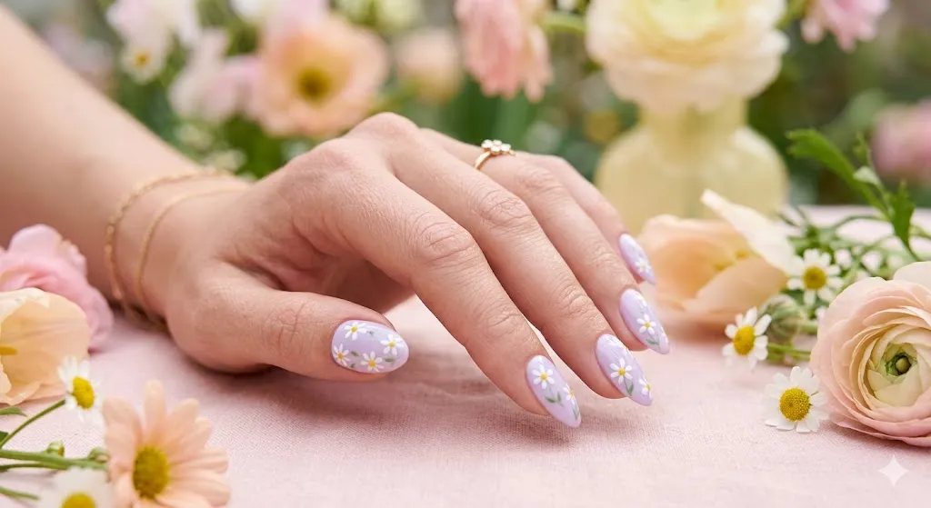 Daisy Flower Almond Nails