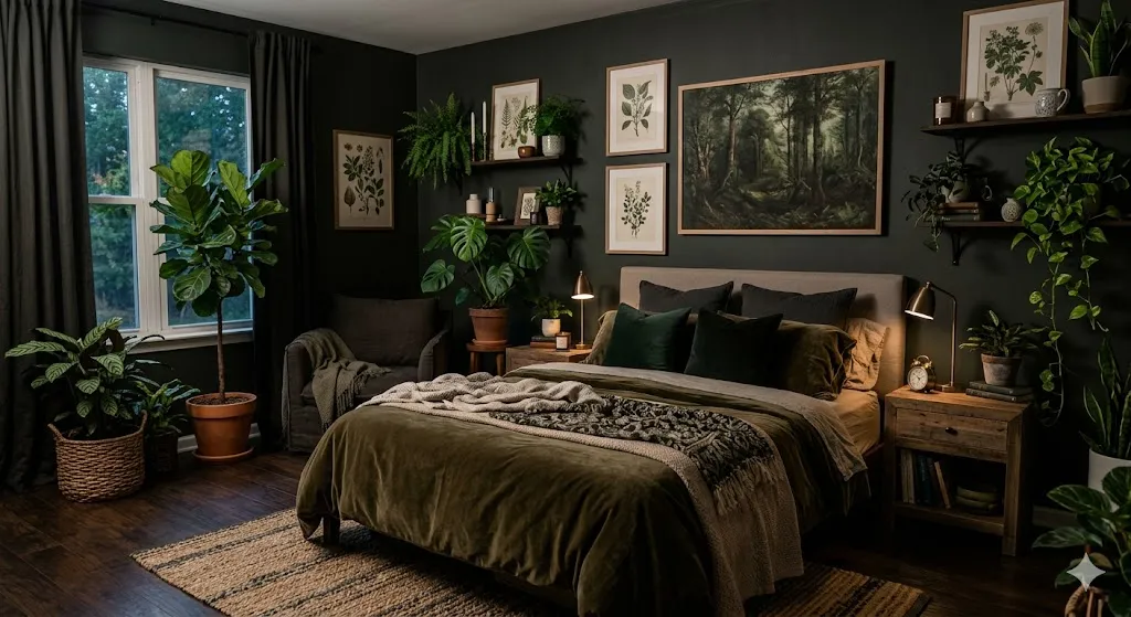 Botanical-Inspired Dark Bedroom