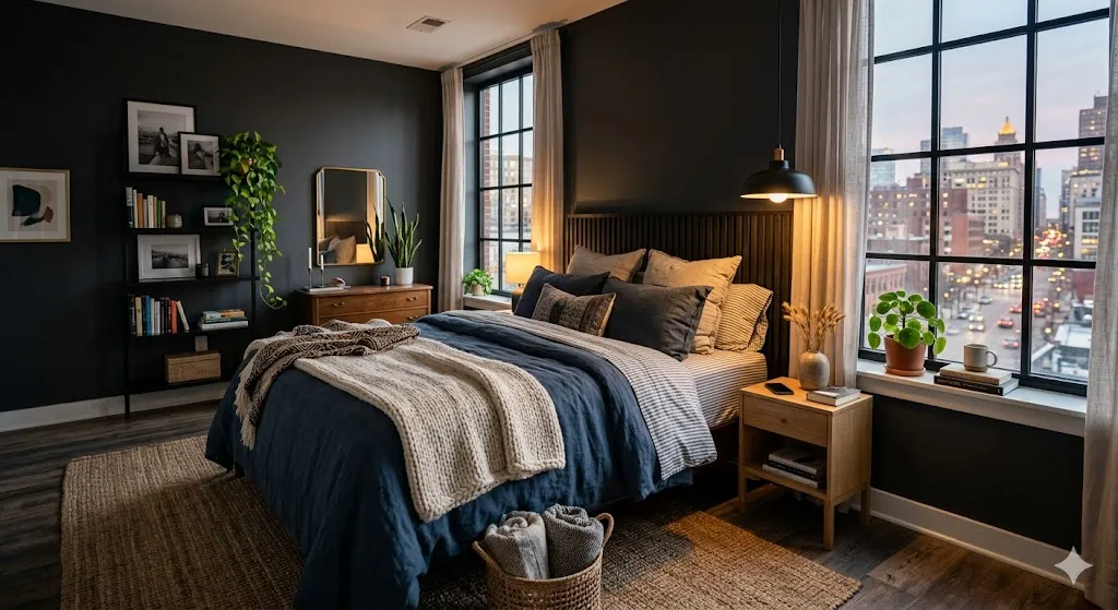 Cozy Apartment Bedroom With Dark Walls