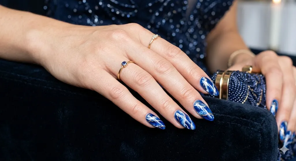 Blue Marble Almond Nails