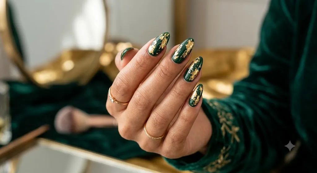 Green and Gold Accent Nails