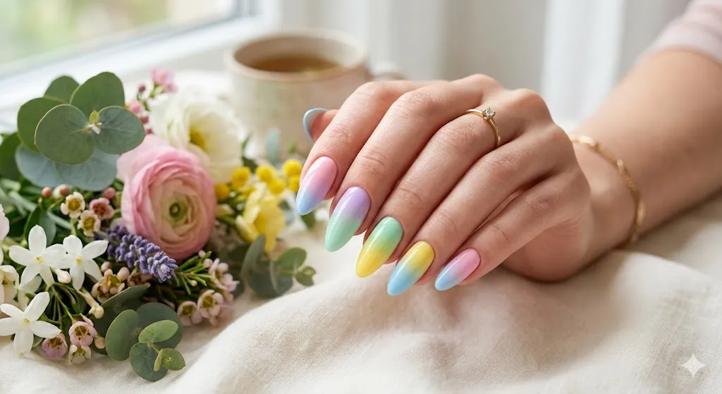 Pastel Rainbow Almond Nails