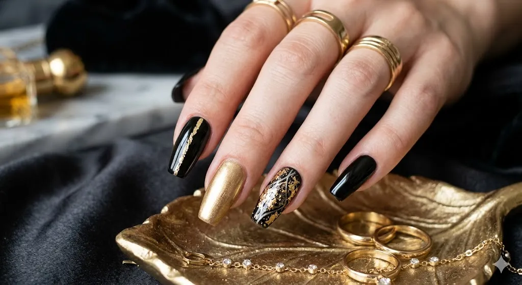 Black and Gold Accent Nails