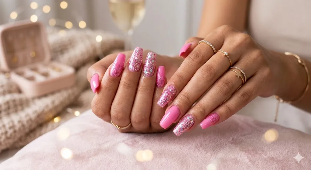 Pink and Glitter Acrylic Nails